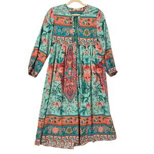 R. Vivimos Floral Tasseled‎ Midi Dress Sz M Boho Gypsy Cottagecore Shirtdress